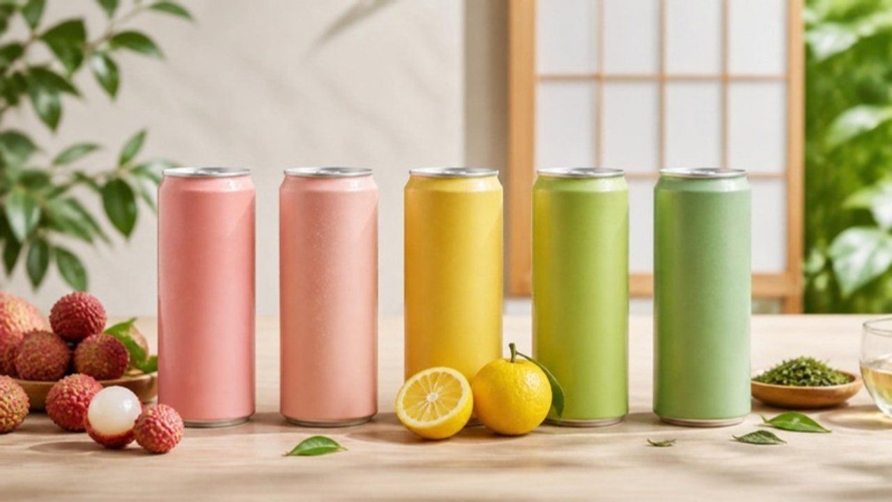 Five pastel unbranded cans with lychee, yuzu and green tea leaves