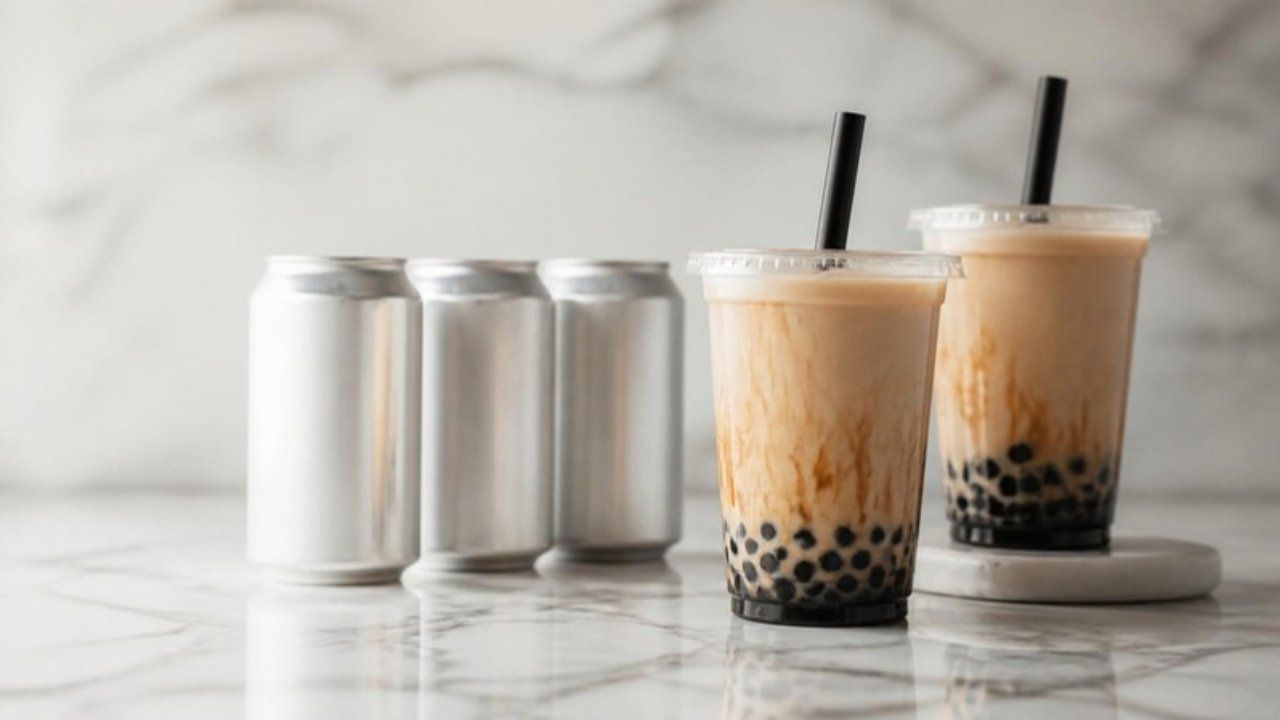 Brown sugar milk tea with tapioca pearls next to plain silver cans