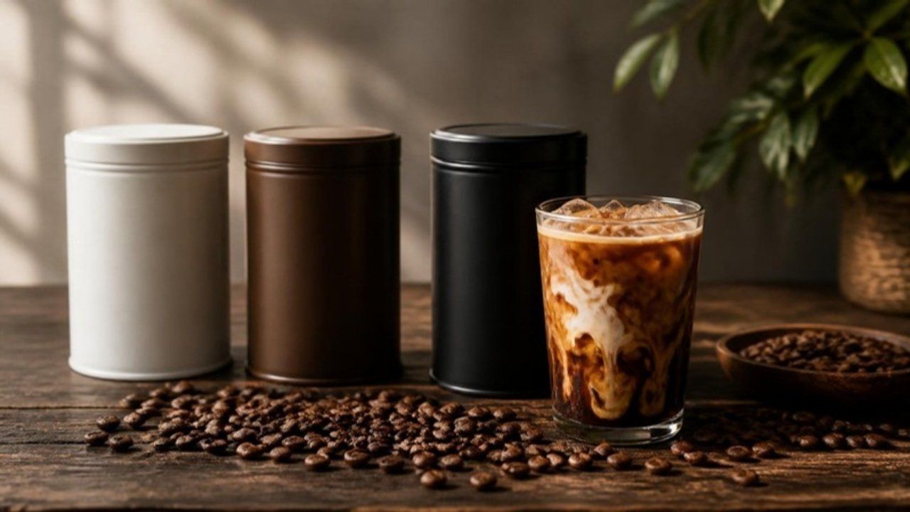 Plain coffee cans beside a glass of iced coffee and roasted beans