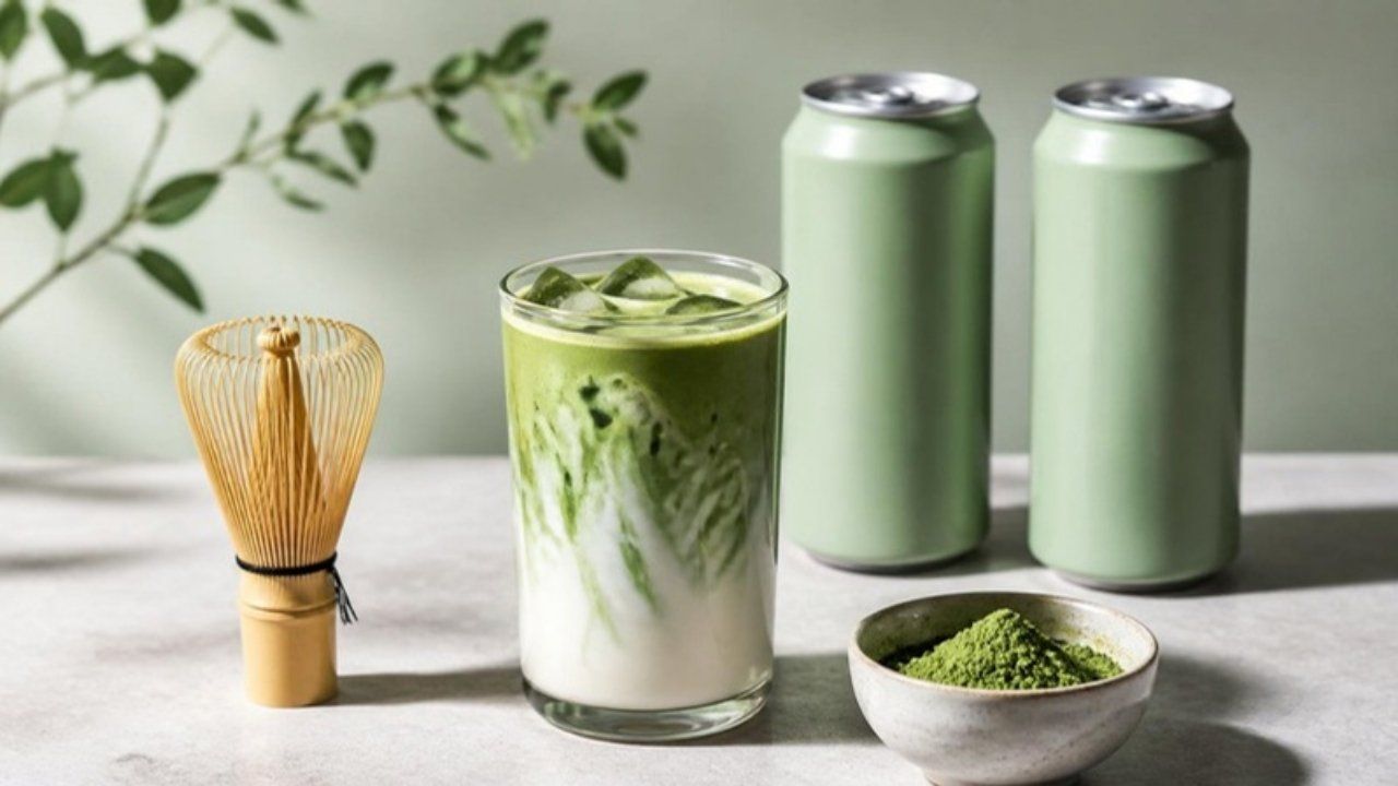 Iced matcha latte with a bamboo whisk, matcha powder and plain green cans