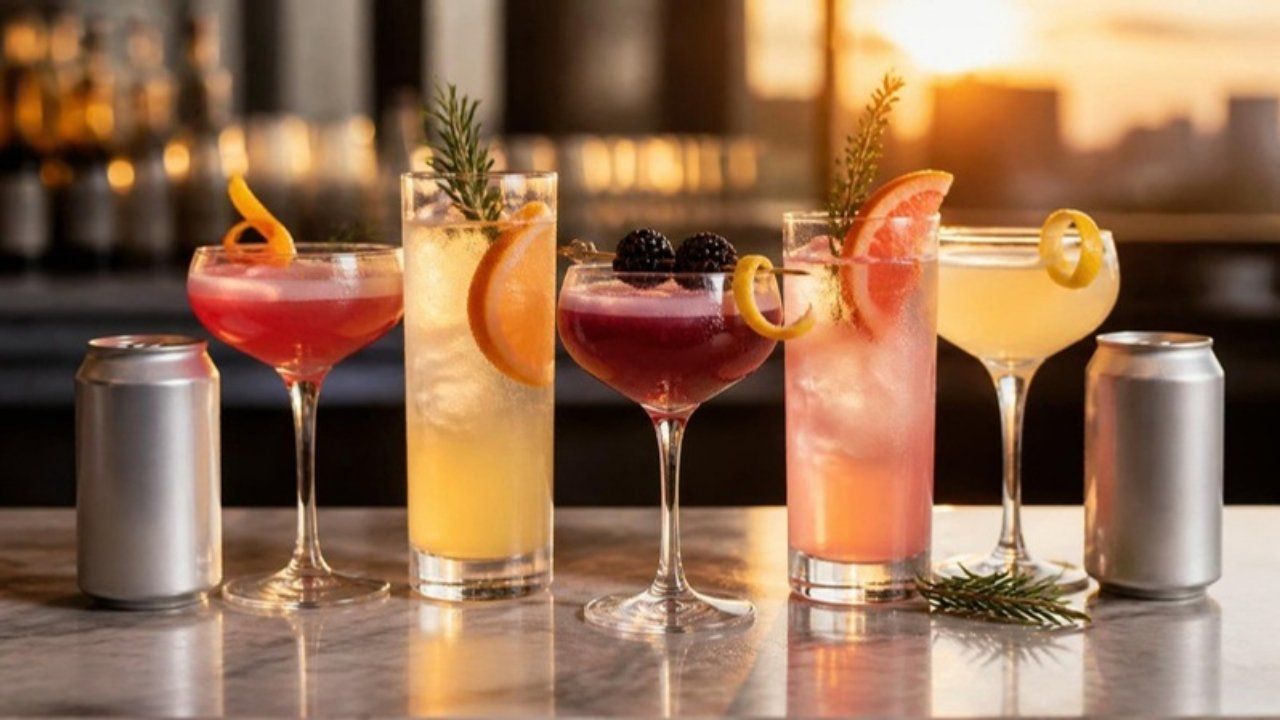 Colorful mocktails in cocktail glasses with plain cans on a bar top