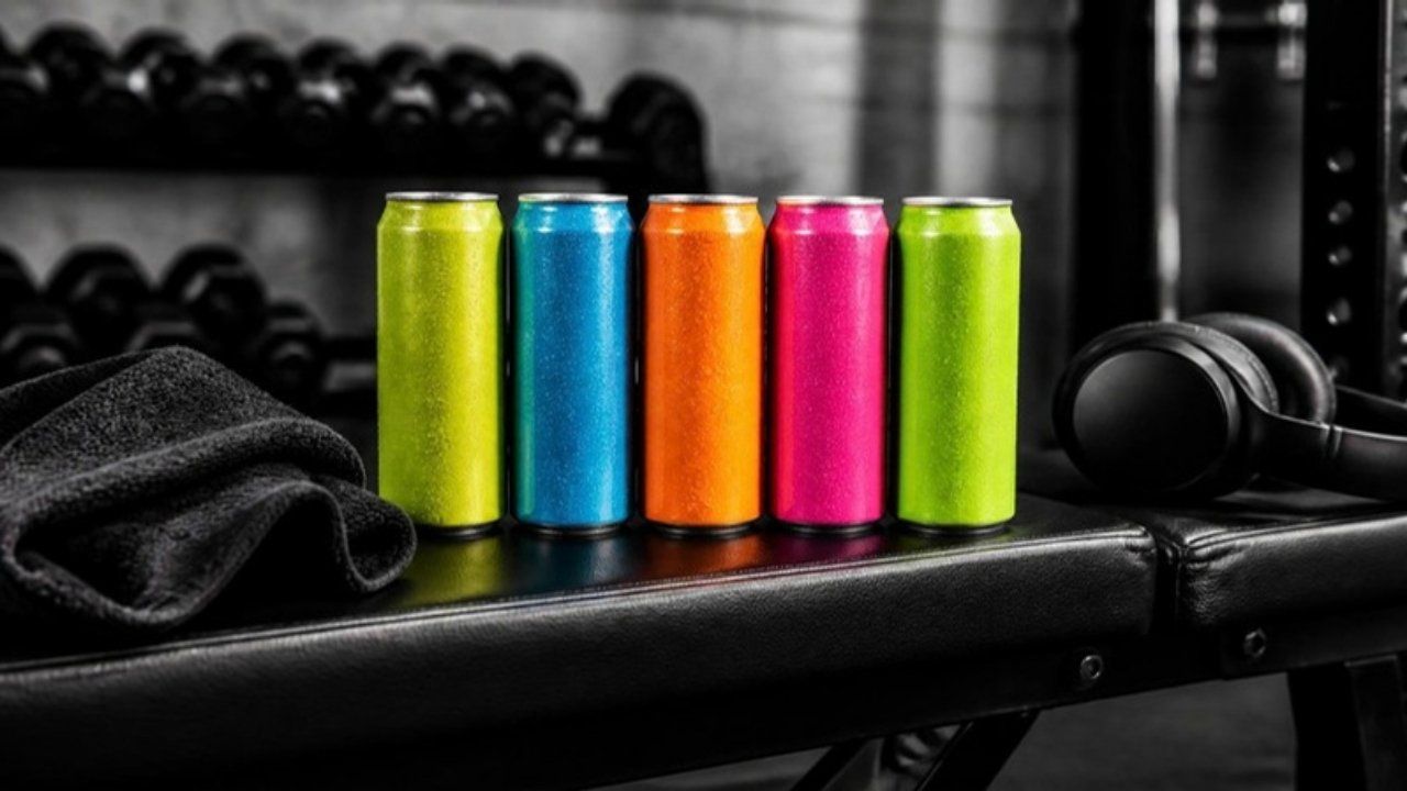 A row of plain neon energy drink cans on a gym bench