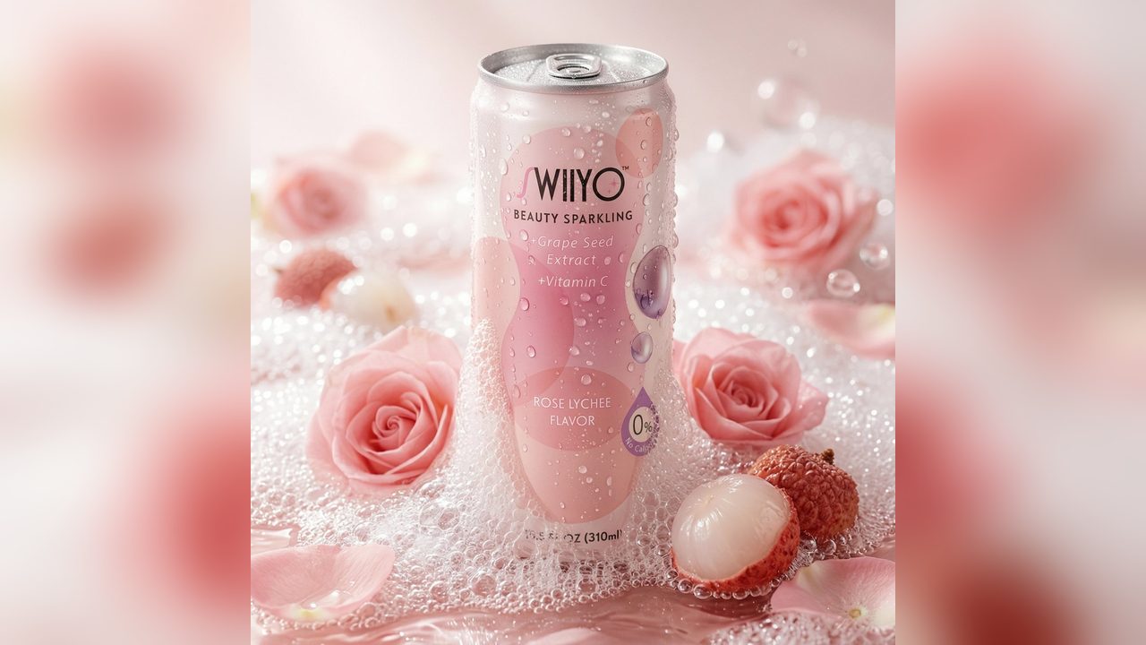 A can of Swiiyo Aura Rose Lychee sparkling water surrounded by pink roses and fresh lychees