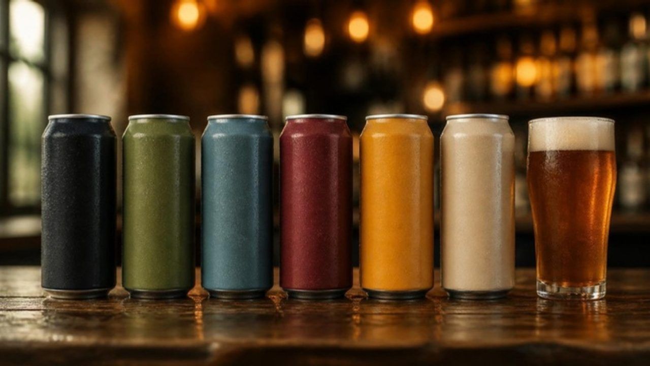 Six unbranded beer cans and a pint of amber beer on a wooden bar