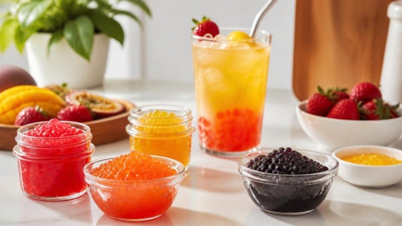 Bowls of colorful popping boba pearls with a fruity iced tea