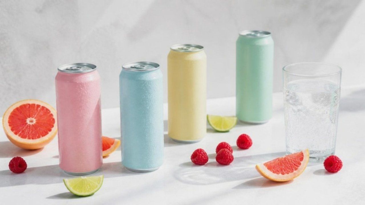 Pastel sparkling water cans with grapefruit, lime and raspberries