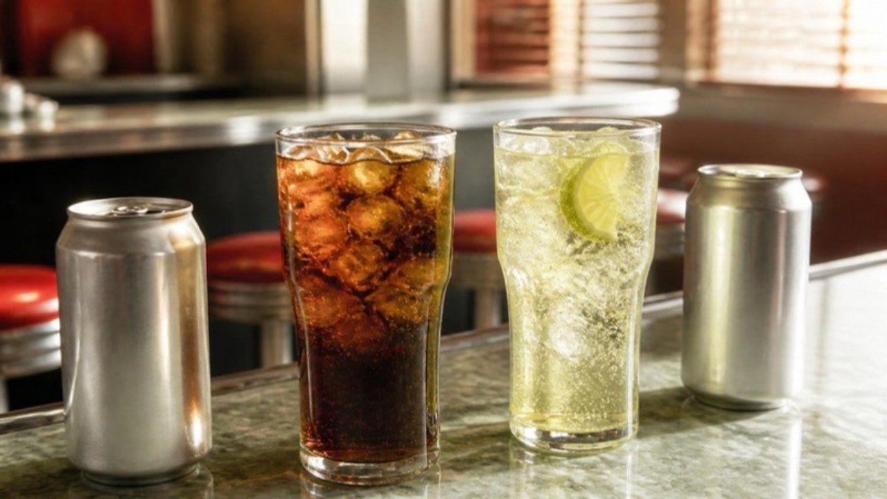 Cola and lemon-lime sodas over ice with plain silver cans on a diner counter