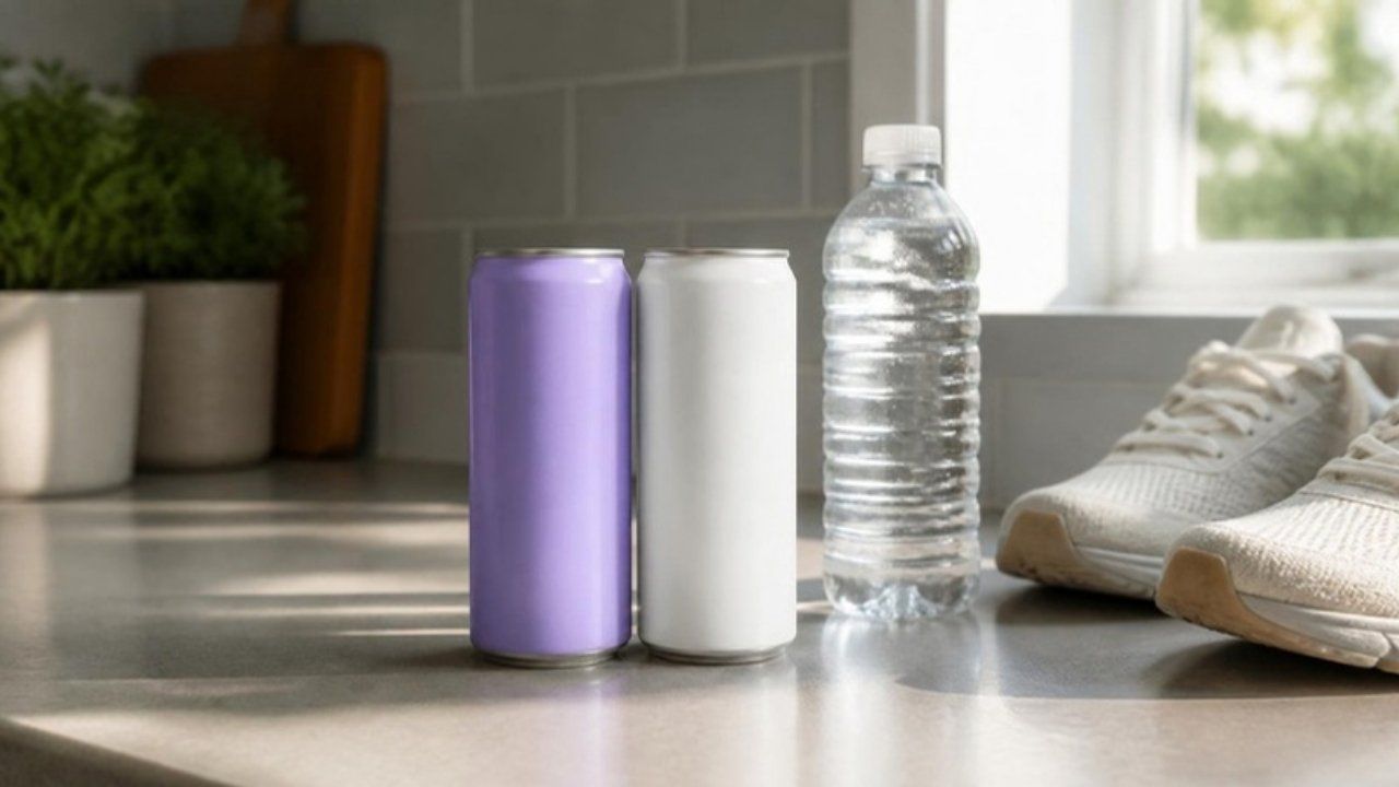 Two plain energy drink cans, purple and white, beside a water bottle and sneakers