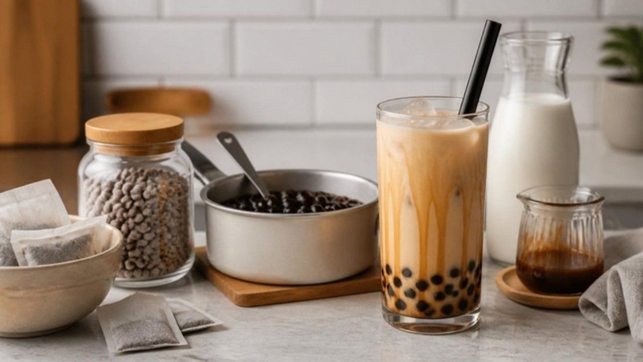 An at-home bubble tea setup with tapioca pearls, tea bags and milk tea