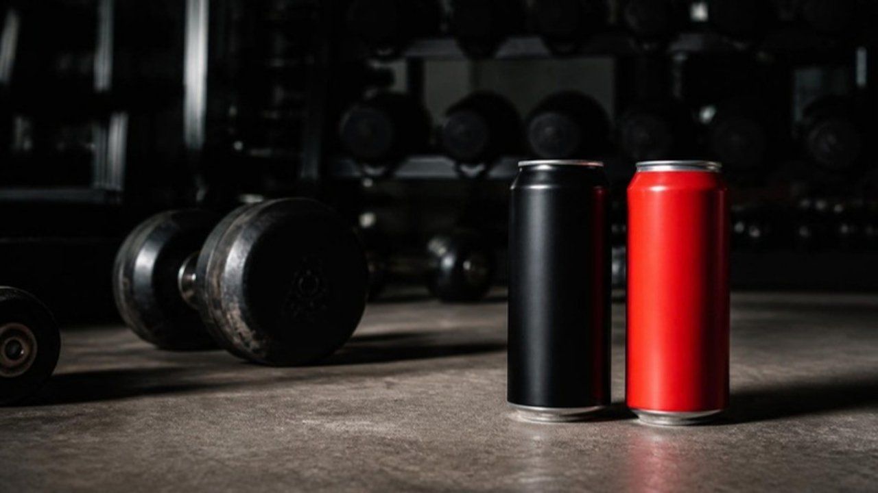 A black can and a red can on a gym floor next to dumbbells