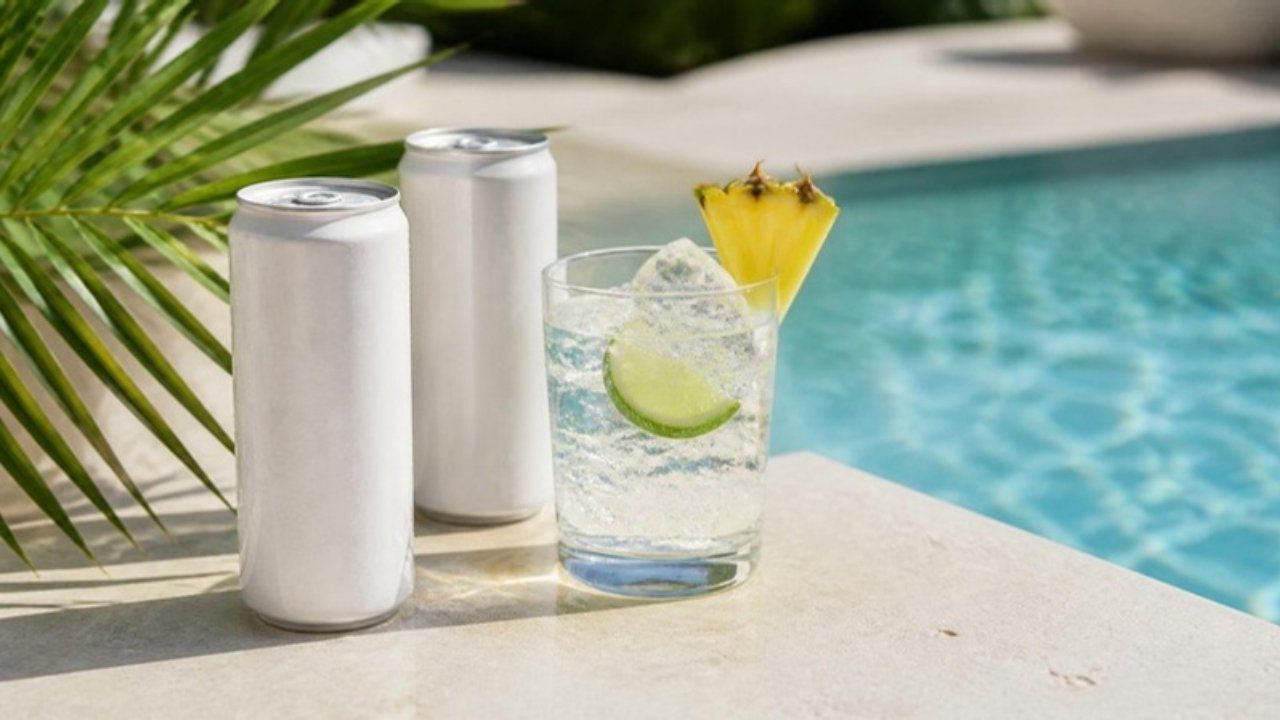Plain white cans and a hard seltzer with lime and pineapple by a pool