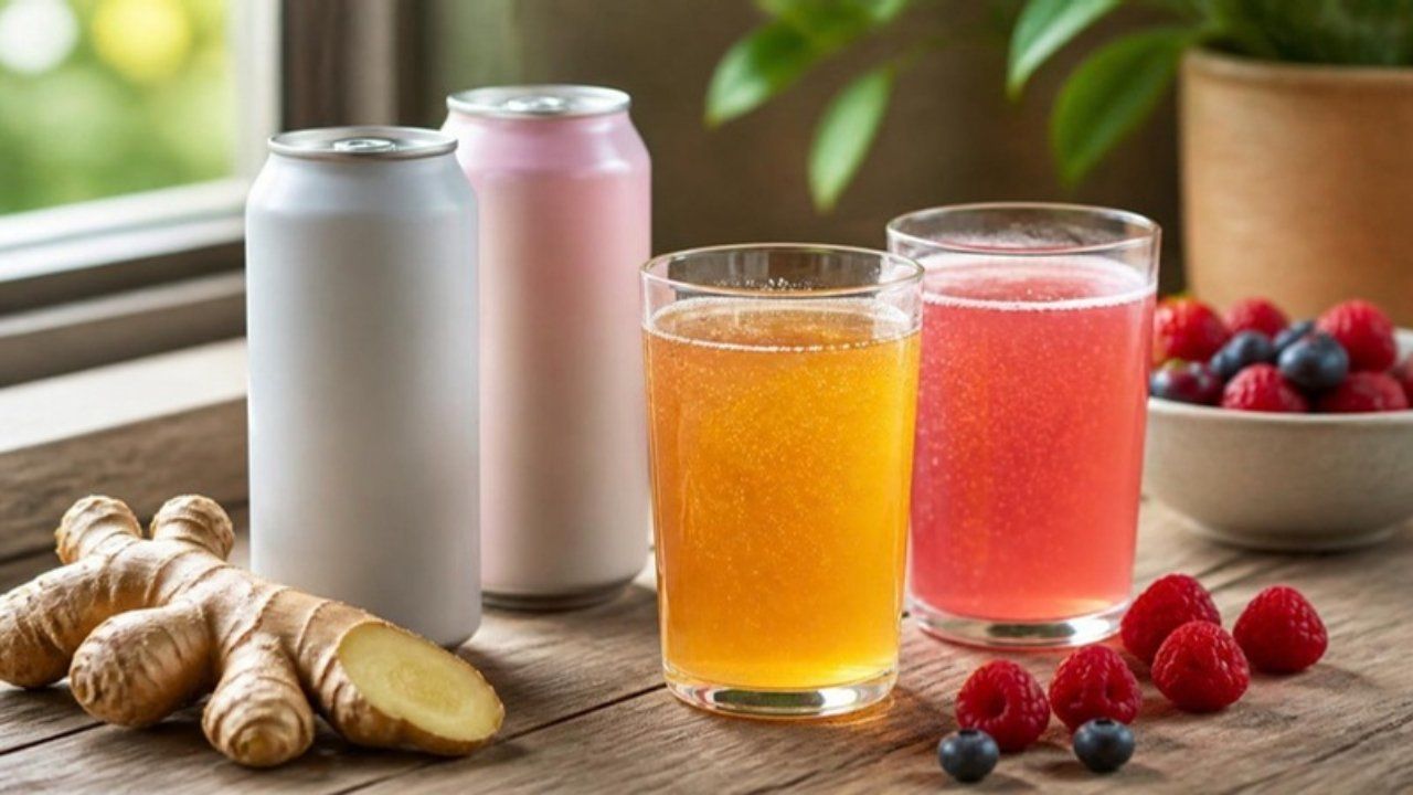 Glasses of amber and pink kombucha with plain cans, ginger and berries