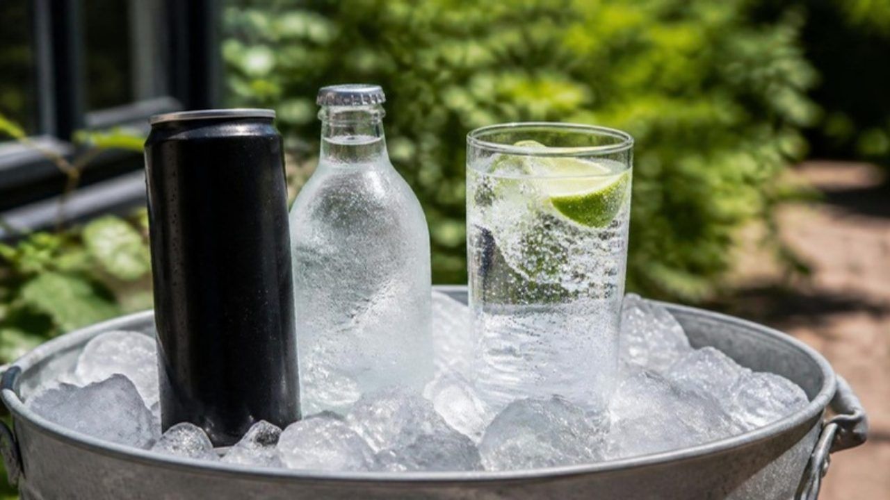 An unbranded black can and a clear glass bottle on ice next to a glass of sparkling water with lime