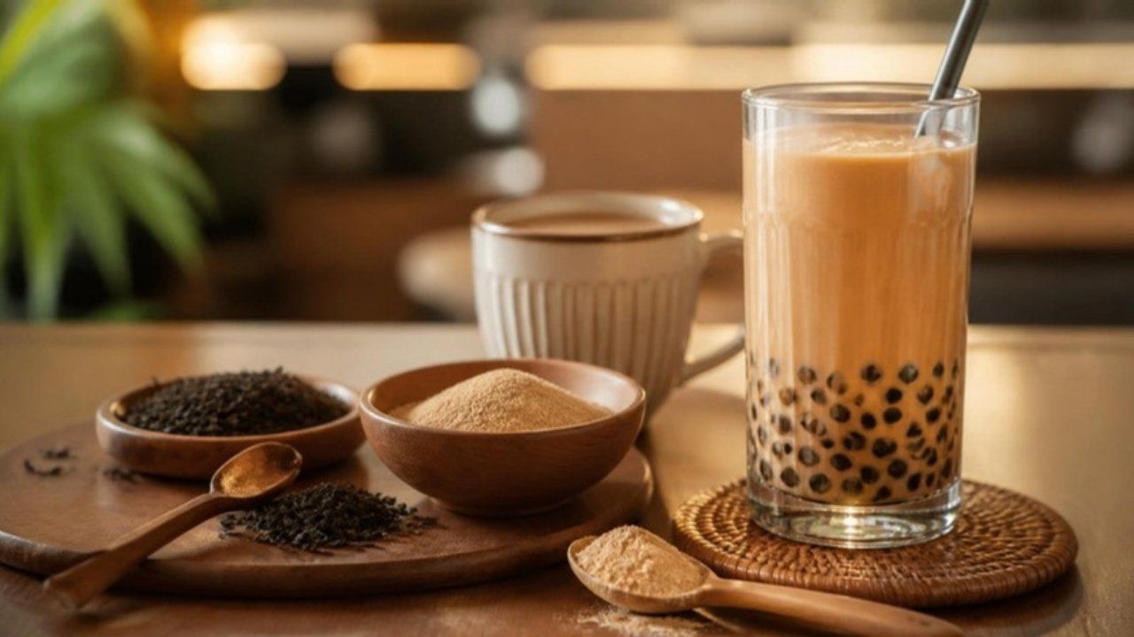 Milk tea powder, black tea leaves and a glass of milk tea with pearls