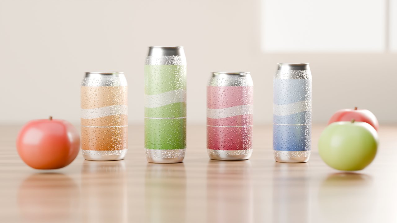 Illustration of unlabeled cans in autumn colors with apples, citrus slices and rising bubbles