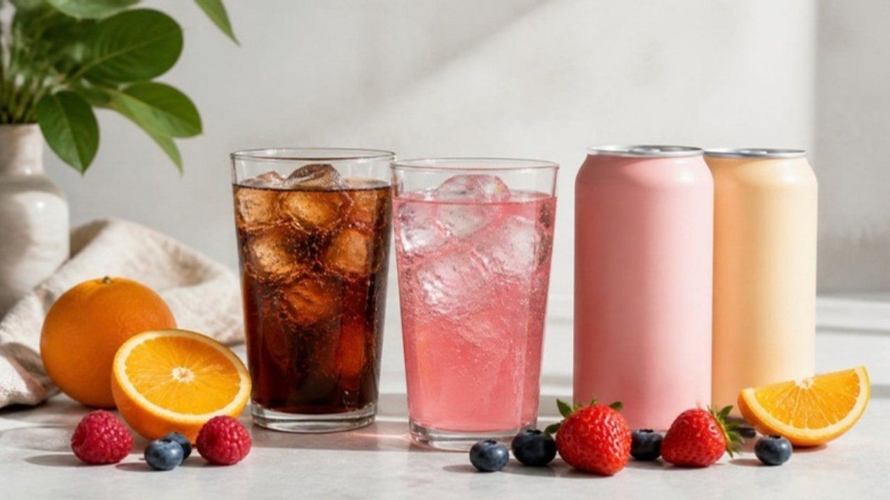 Two glasses of fruit soda with pastel cans, oranges and berries