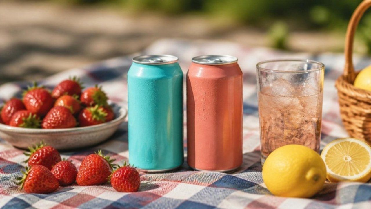 A teal can and a coral can on a picnic blanket with strawberries and lemons