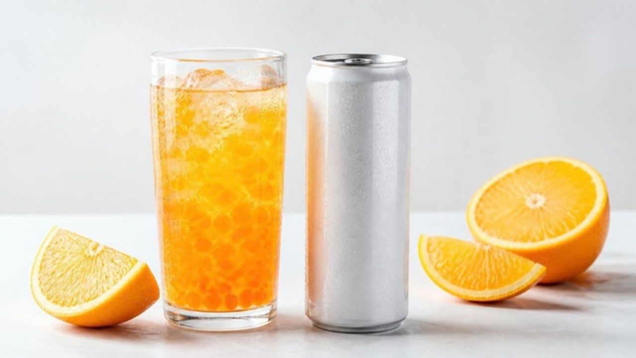 An orange sparkling drink with popping boba beside a plain silver can
