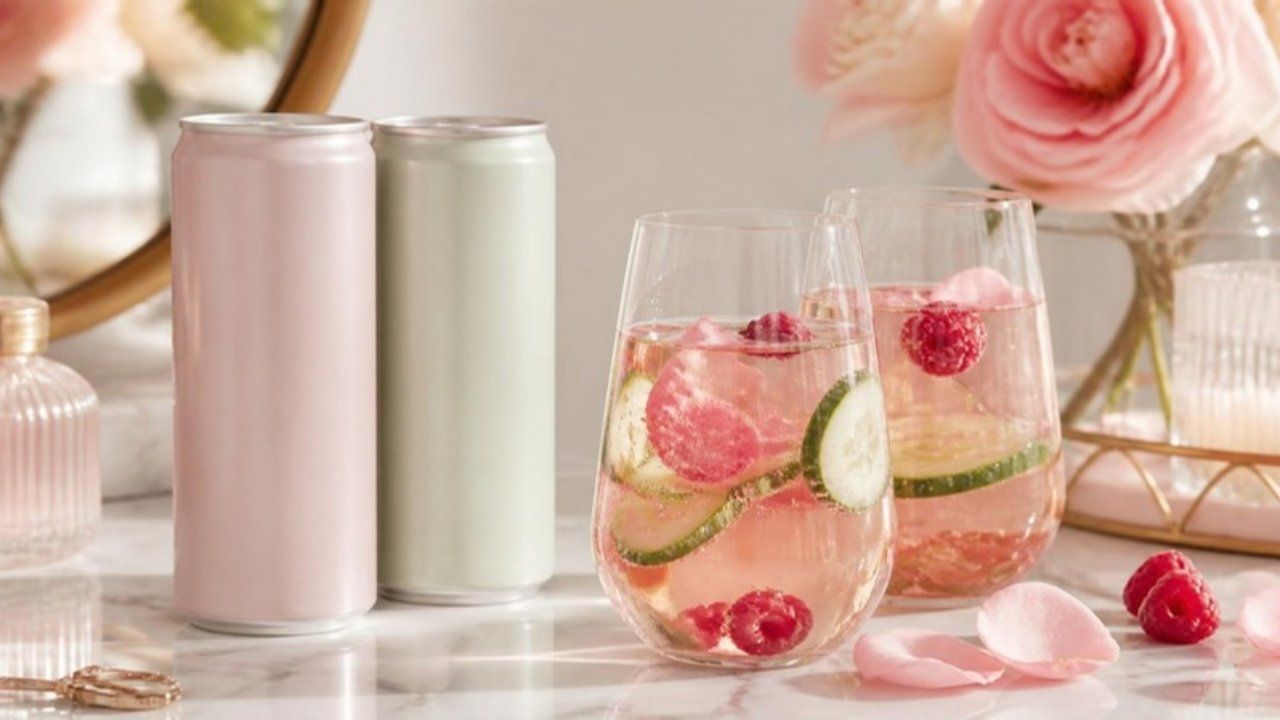 Sparkling water with rose petals and berries beside pastel cans