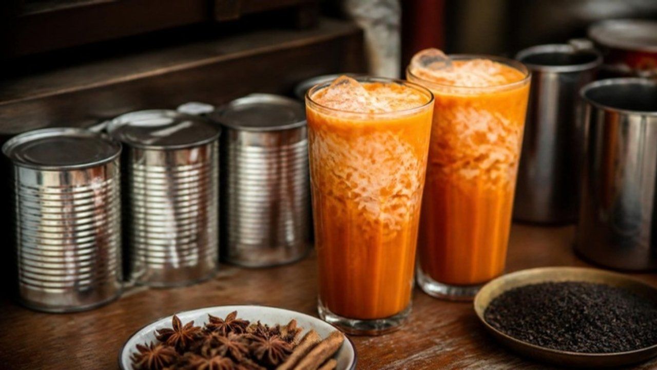 Thai iced tea with a milk swirl beside plain cans on a wooden counter